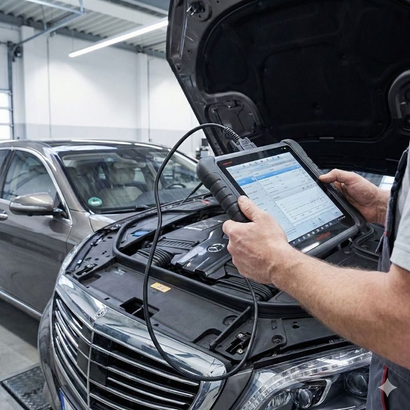 A professional technician uses a high-tech diagnostic tablet to scan a foreign car’s internal computer systems. A professional technician uses a high-tech diagnostic tablet to scan a foreign car’s internal computer systems.