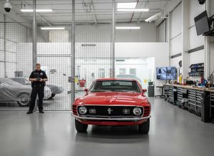 Classic Red Ford Mustang in a Secure Workshop