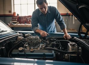 Mechanic inspecting vintage car engine with smoke in a garage
