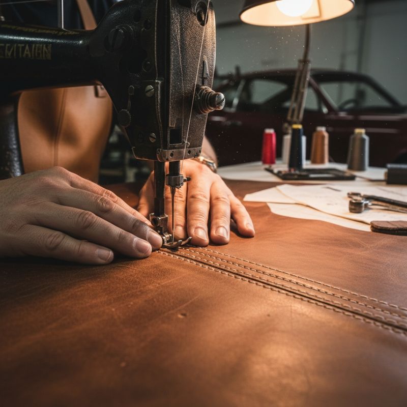 upholsterer's hands performing intricate, professional stitching on a piece of classic car interior leather. upholsterer's hands performing intricate, professional stitching on a piece of classic car interior leather.