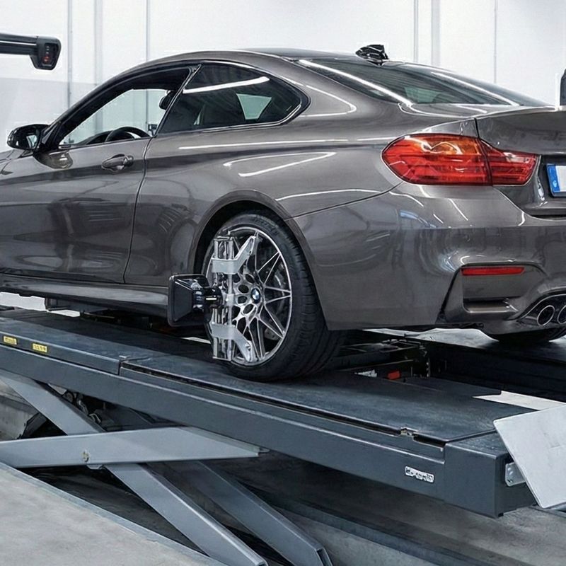 premium import sports car undergoes a precision wheel alignment on specialized automotive equipment. premium import sports car undergoes a precision wheel alignment on specialized automotive equipment.
