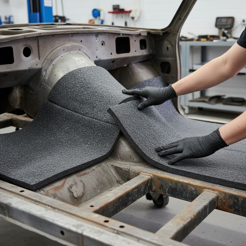 Hands installing thick, modern sound-deadening insulation material onto the bare metal floor of a classic car restoration project. Hands installing thick, modern sound-deadening insulation material onto the bare metal floor of a classic car restoration project.