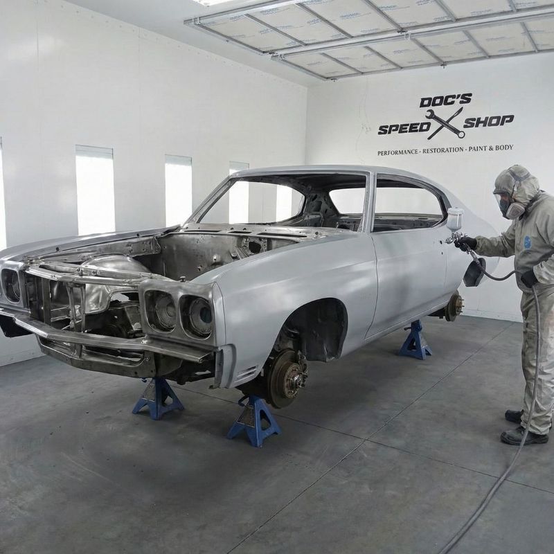 Our skilled painter applies a precision coating in a professional-grade spray booth at the Doc's Speed Shop facility. Our skilled painter applies a precision coating in a professional-grade spray booth at the Doc's Speed Shop facility.
