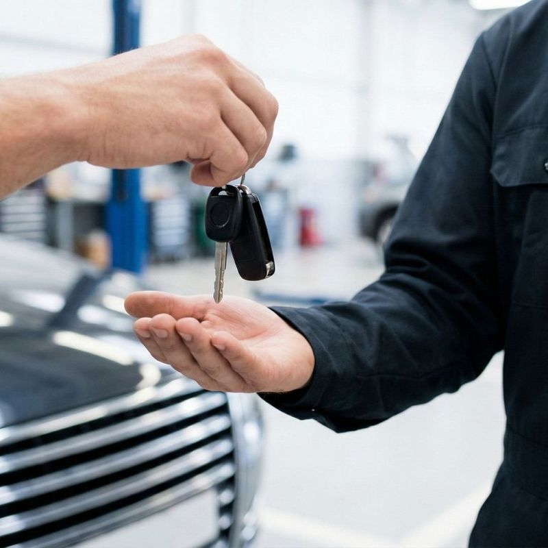 A service professional hands car keys back to a client after completing expert repairs. A service professional hands car keys back to a client after completing expert repairs.