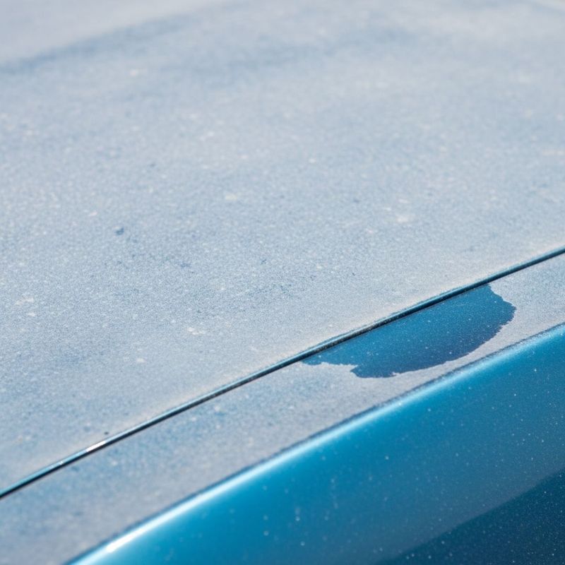 a blue classic car's hood showing severe paint oxidation and fading, with a chalky, dull finish that has lost its original shine