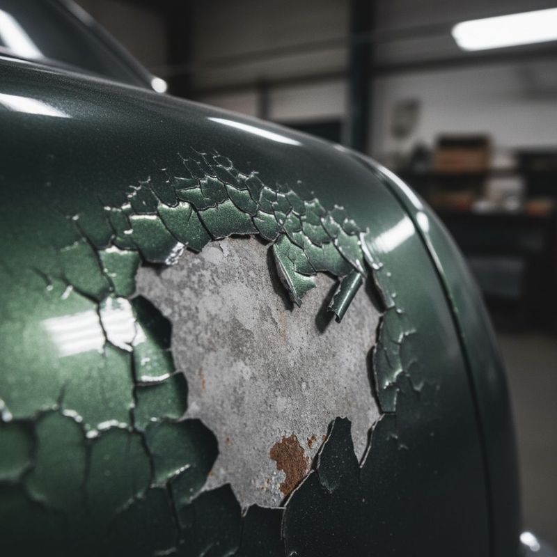 a dark green classic car fender showing large areas of cracked and peeling paint, revealing the primer and some surface rust beneath