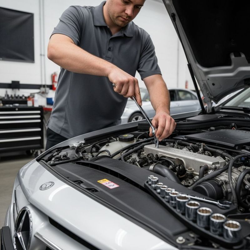 a technician using a wrench from a metric socket set to work on the engine of a silver Mercedes-Benz
