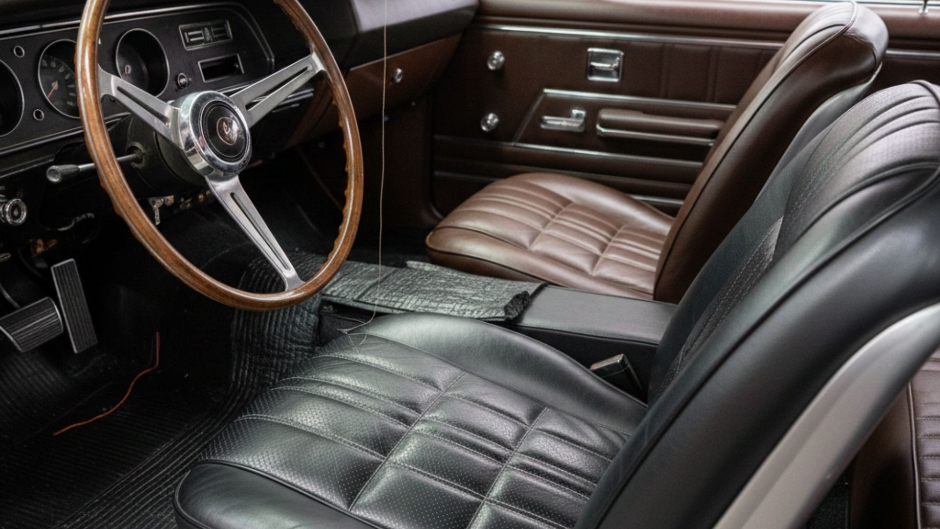 image showing the contrast between an original classic car dashboard and a newly restored, plush leather seat. image showing the contrast between an original classic car dashboard and a newly restored, plush leather seat.