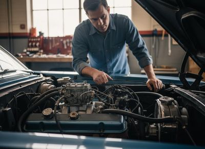 A mechanic in a blue shirt leans over the open hood of a classic car, inspecting the engine as a wisp of smoke rises. Mechanic inspecting vintage car engine with smoke in a garage