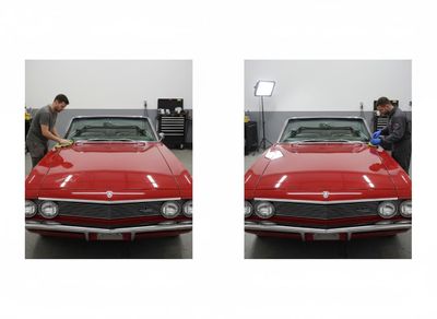 A two-panel image showing a red vintage convertible being detailed. On the left, a man wipes the hood; on the right, a man applies product. Classic Red Convertible Car Detailing Comparison