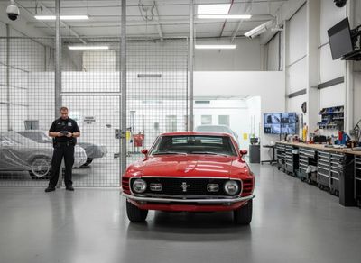 A vintage red Ford Mustang sits in a well-lit garage, with a security guard checking a tablet near a fenced area and tools visible. Classic Red Ford Mustang in a Secure Workshop